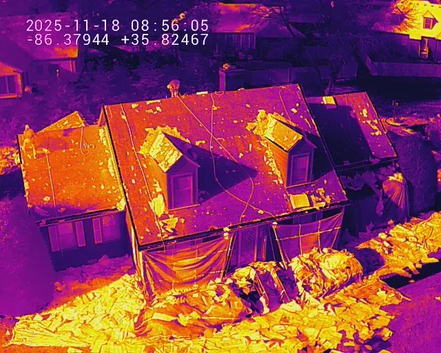 Aerial thermal image of a Murfreesboro, TN roof taken during a drone inspection