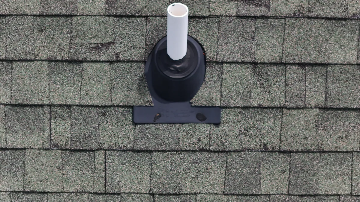 Close drone view of a pipe boot on a Murfreesboro, TN shingle roof