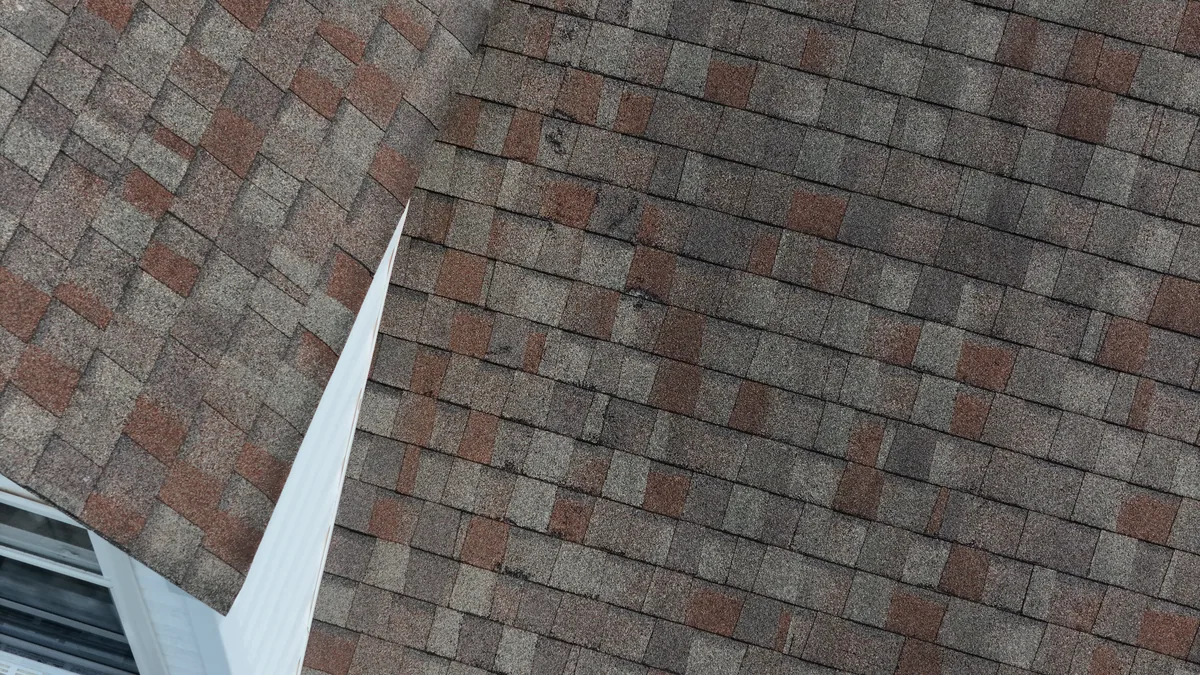 Valley and ridge detail on a Murfreesboro, TN roof from a drone inspection