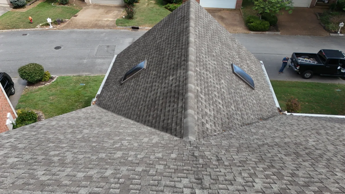 Hip roof and ridge vent overview from a Nashville, TN drone roof inspection