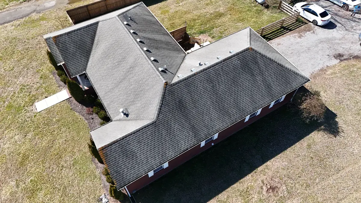 Aerial drone roof-inspection photo over Bedford County, Tennessee by Blue Raider Roofing & Contracting