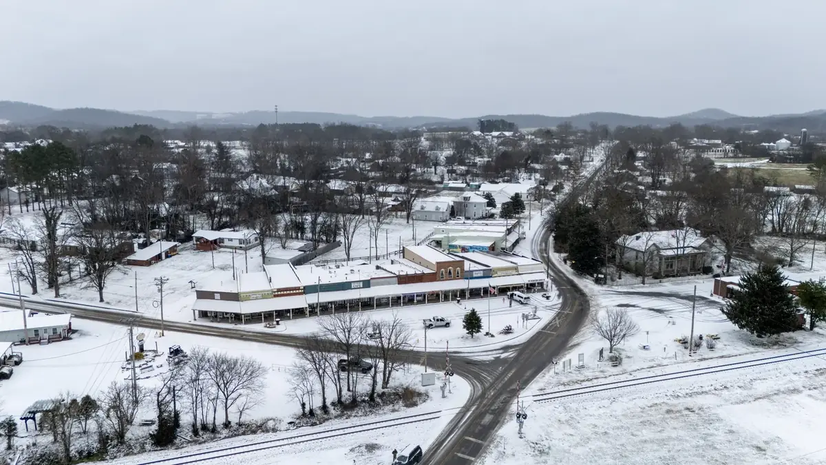 Aerial drone roof-inspection photo over Bell Buckle, Tennessee by Blue Raider Roofing & Contracting
