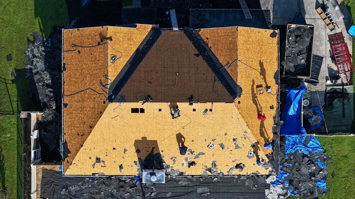 Aerial drone roof-inspection photo over Crescent, Tennessee by Blue Raider Roofing & Contracting