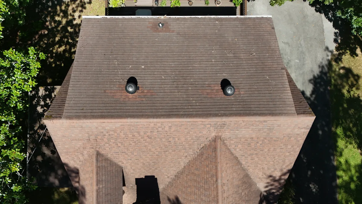 Aerial drone roof-inspection photo over McMinnville, Tennessee by Blue Raider Roofing & Contracting