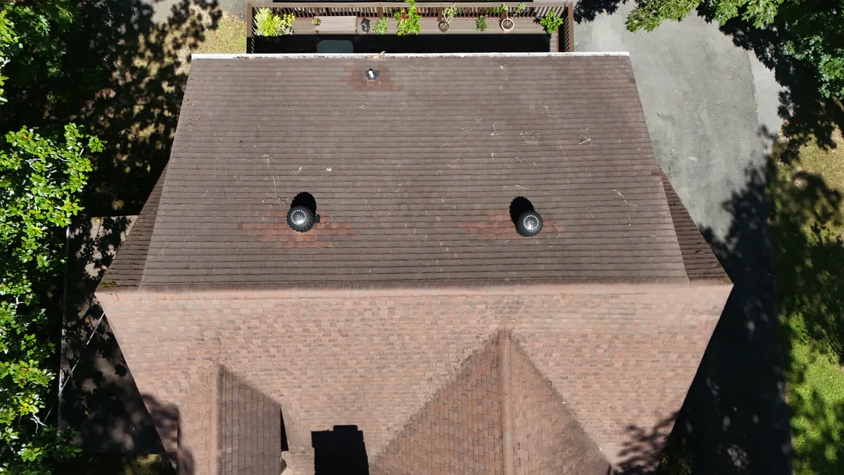 Aerial drone roof-inspection photo over McMinnville, Tennessee by Blue Raider Roofing & Contracting