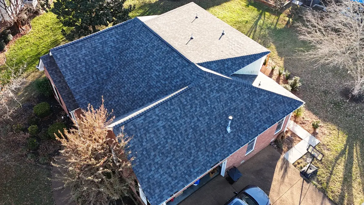 Aerial drone roof-inspection photo over Murfreesboro, Tennessee by Blue Raider Roofing & Contracting