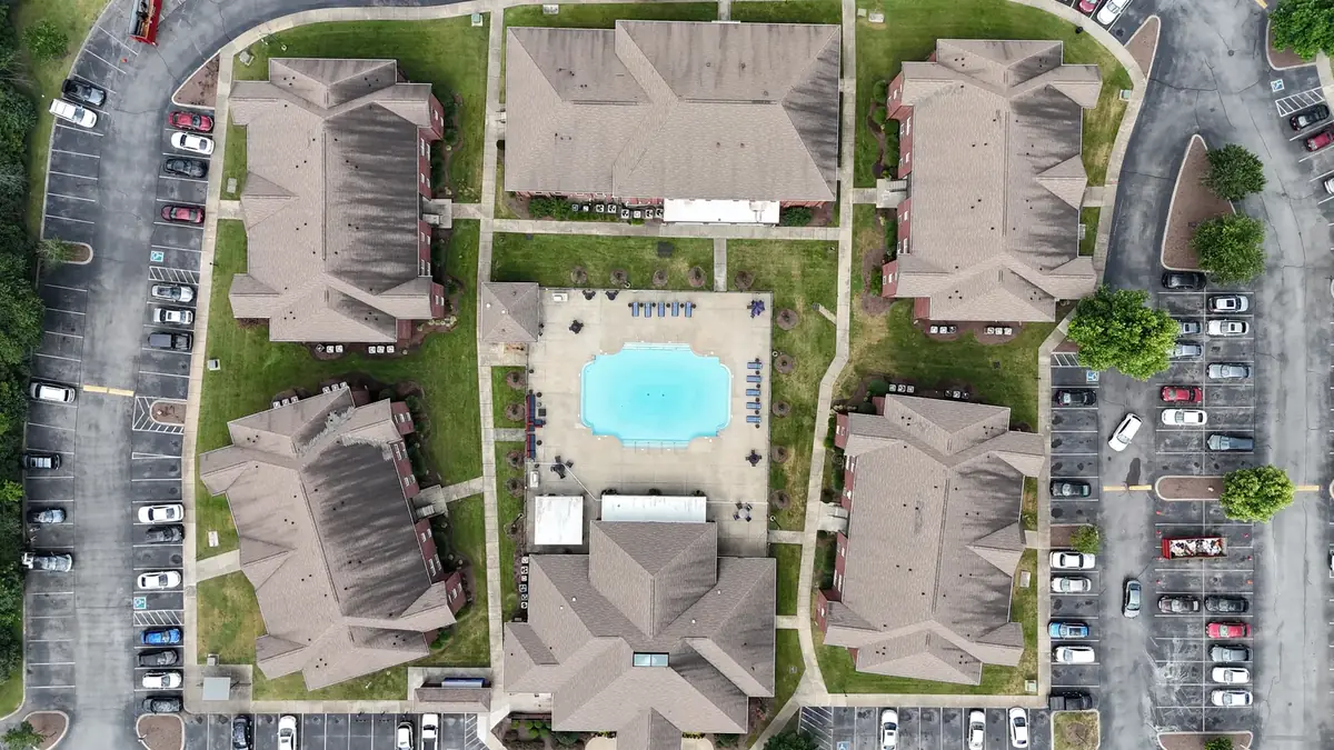 Aerial drone roof-inspection photo over Murfreesboro, Tennessee by Blue Raider Roofing & Contracting