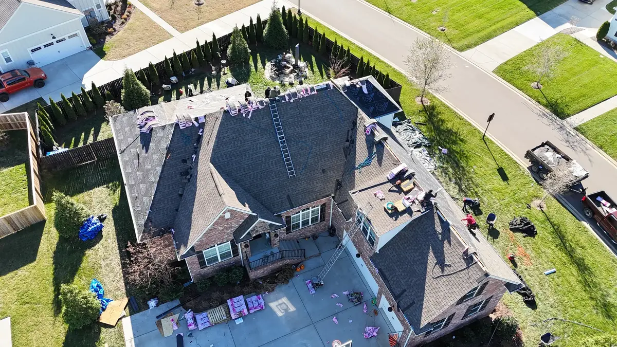 Aerial drone roof-inspection photo over Rutherford County, Tennessee by Blue Raider Roofing & Contracting
