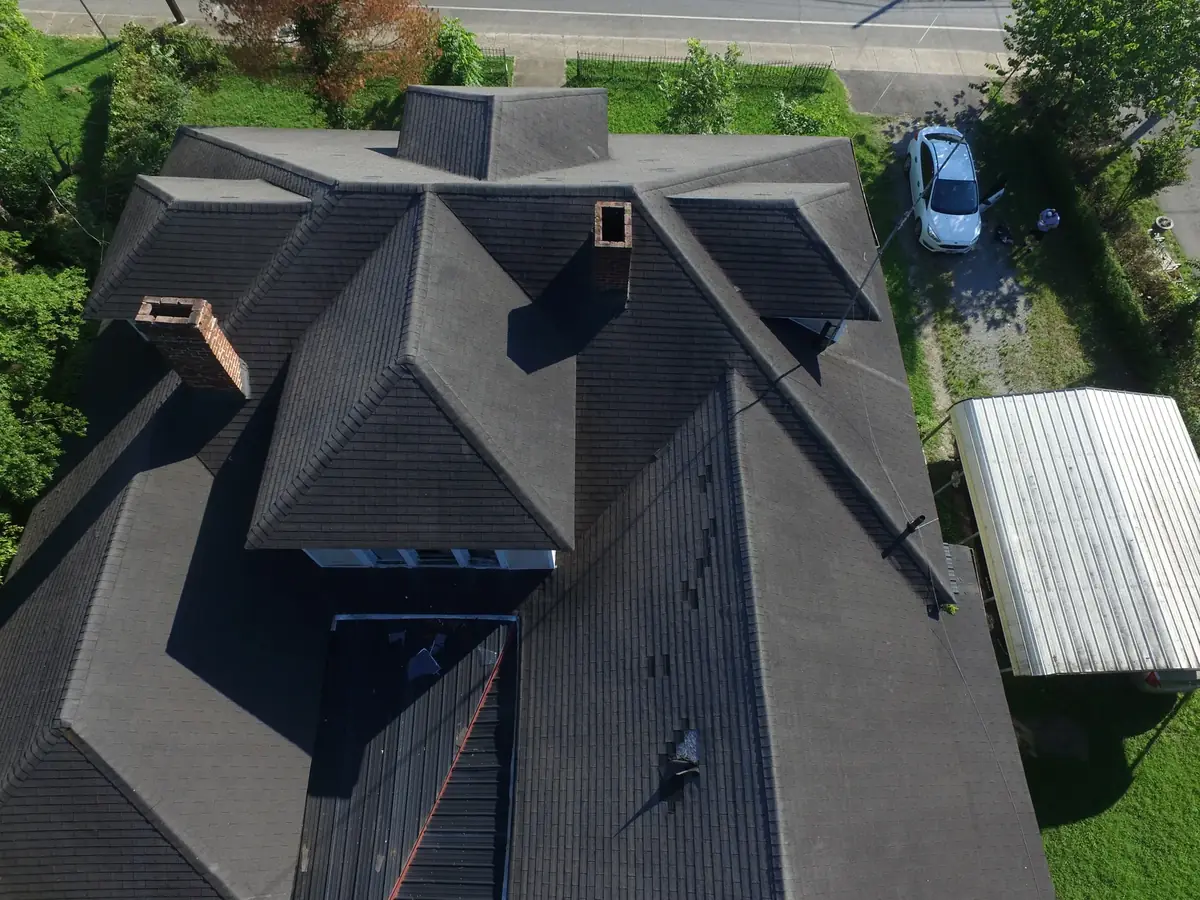Drone inspection documenting storm damage in Shelbyville, TN by Blue Raider Roofing