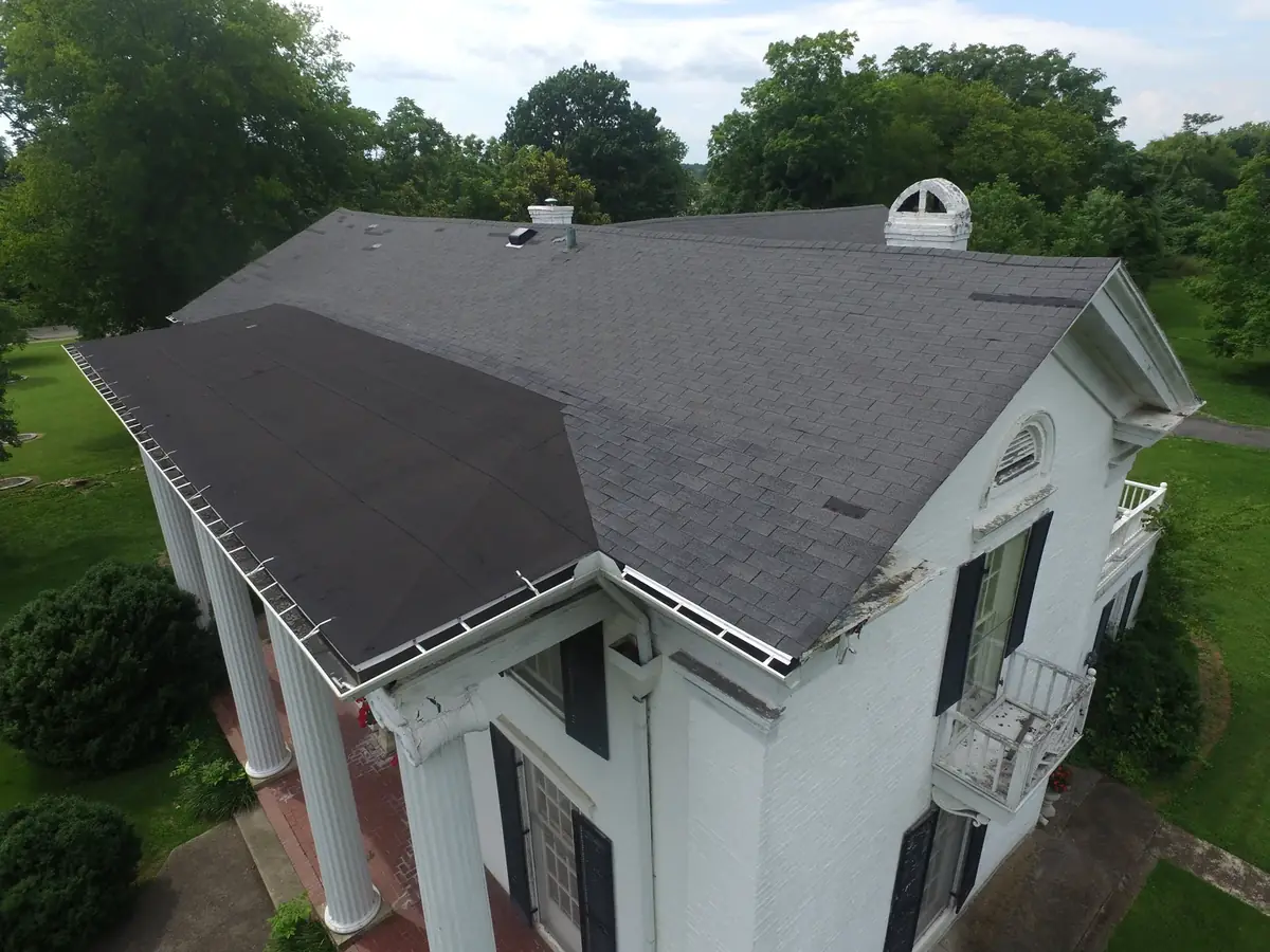 Aerial drone roof-inspection photo over Shelbyville, Tennessee by Blue Raider Roofing & Contracting