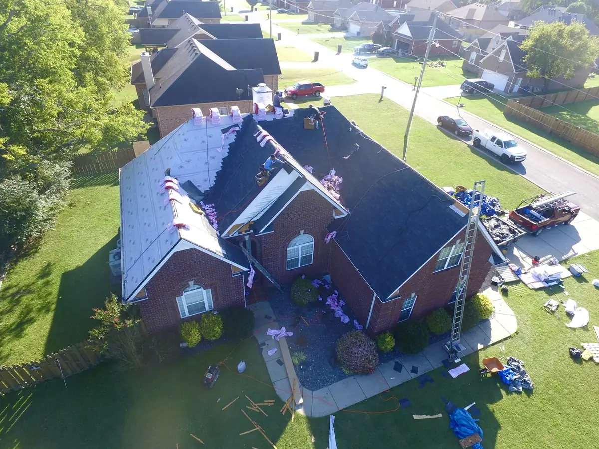 Aerial drone roof-inspection photo over Shelbyville, Tennessee by Blue Raider Roofing & Contracting