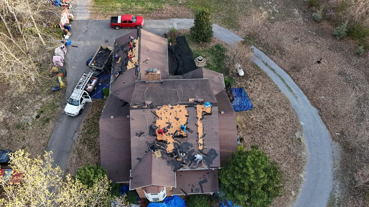 Aerial drone roof-inspection photo over Shelbyville, Tennessee by Blue Raider Roofing & Contracting