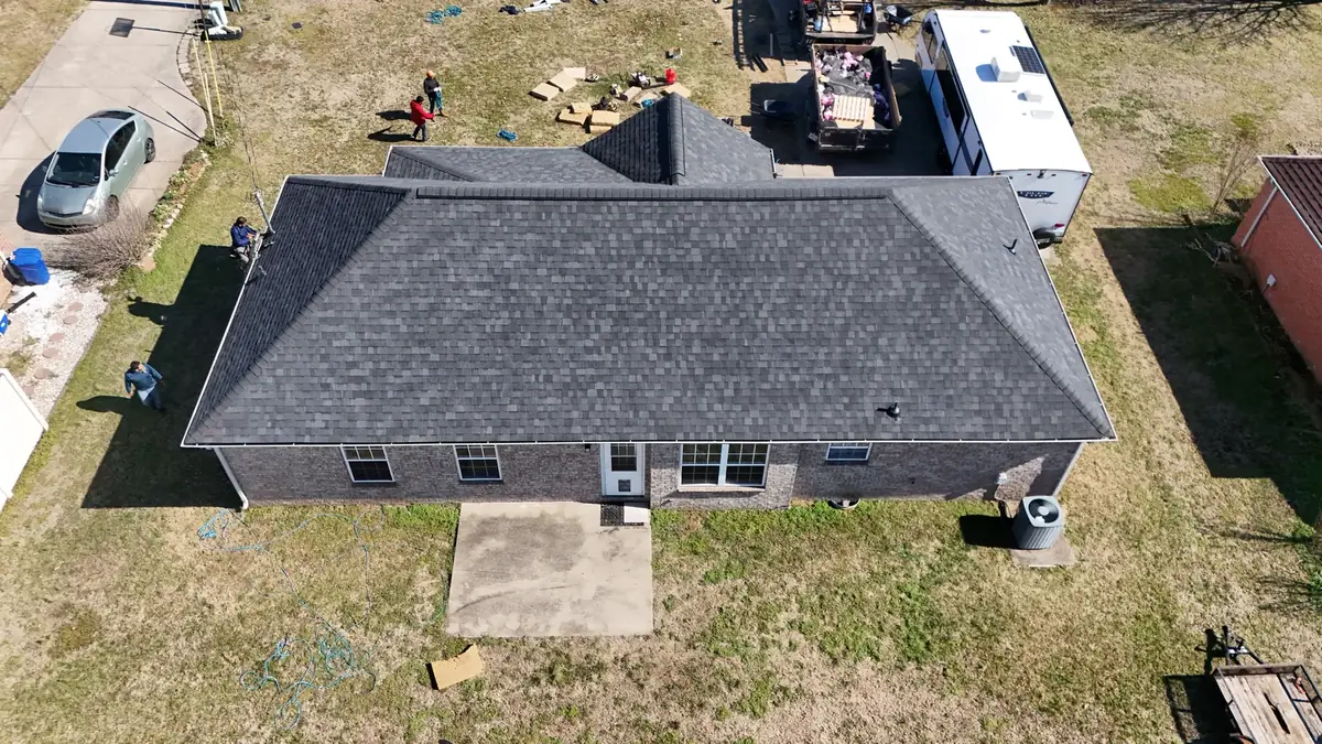Aerial drone roof-inspection photo over Smyrna, Tennessee by Blue Raider Roofing & Contracting