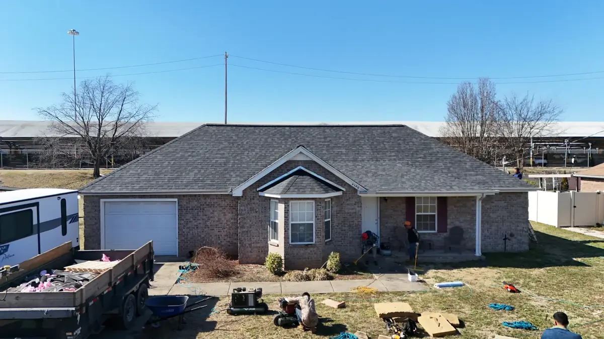 Aerial drone roof-inspection photo over Smyrna, Tennessee by Blue Raider Roofing & Contracting