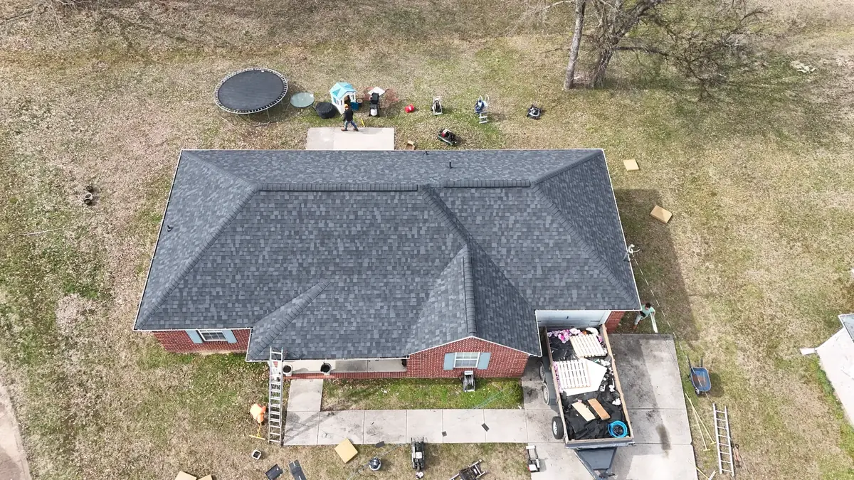 Aerial drone roof-inspection photo over Smyrna, Tennessee by Blue Raider Roofing & Contracting