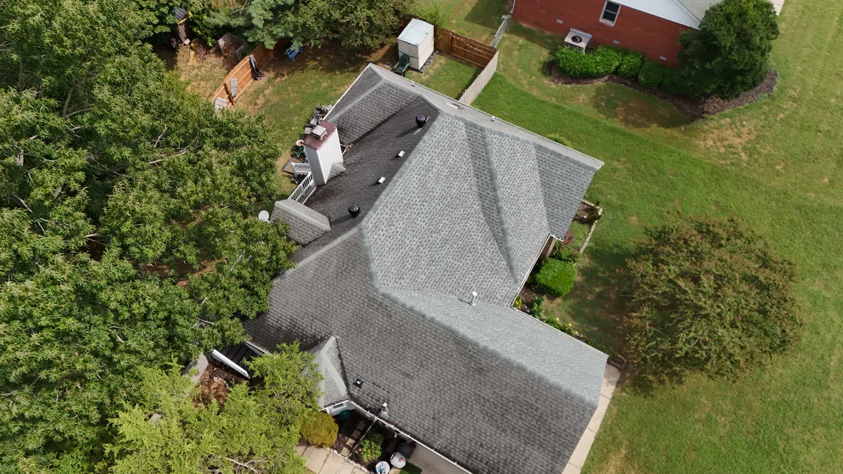 Aerial drone roof-inspection photo over Smyrna, Tennessee by Blue Raider Roofing & Contracting