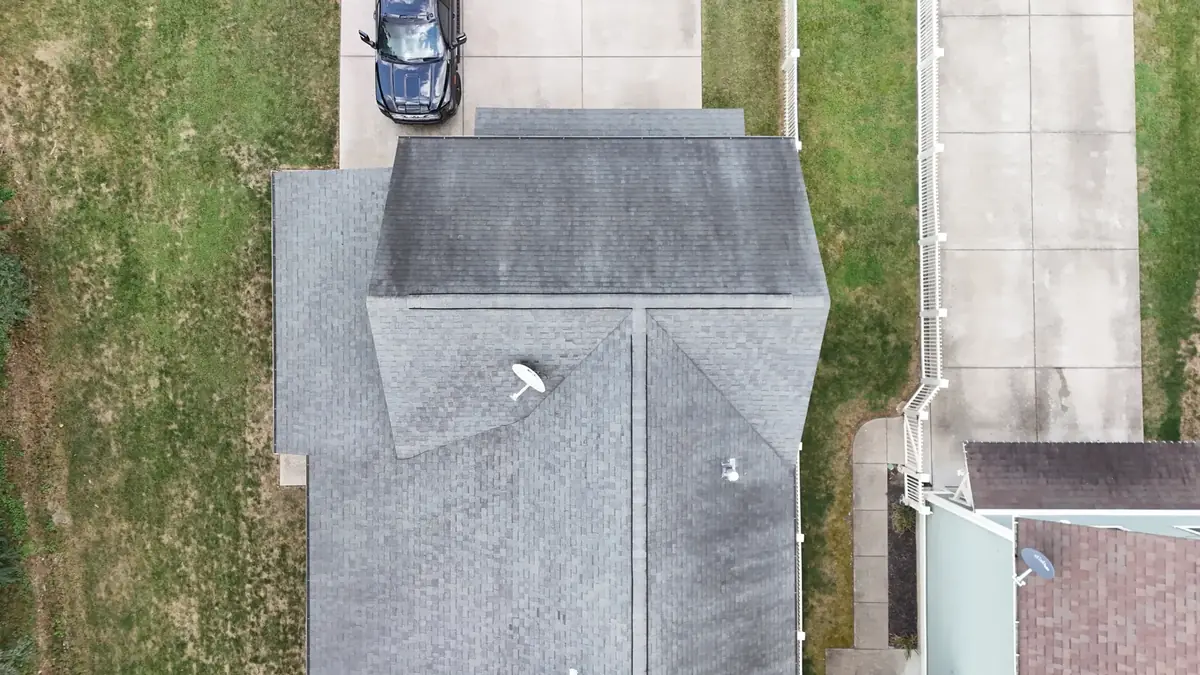 Aerial drone roof-inspection photo over Thompson's Station, Tennessee by Blue Raider Roofing & Contracting