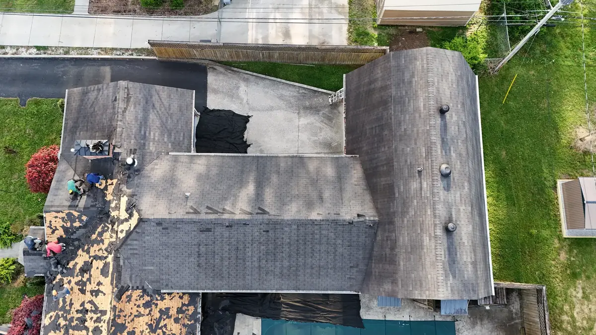 Aerial drone roof-inspection photo over Tullahoma, Tennessee by Blue Raider Roofing & Contracting