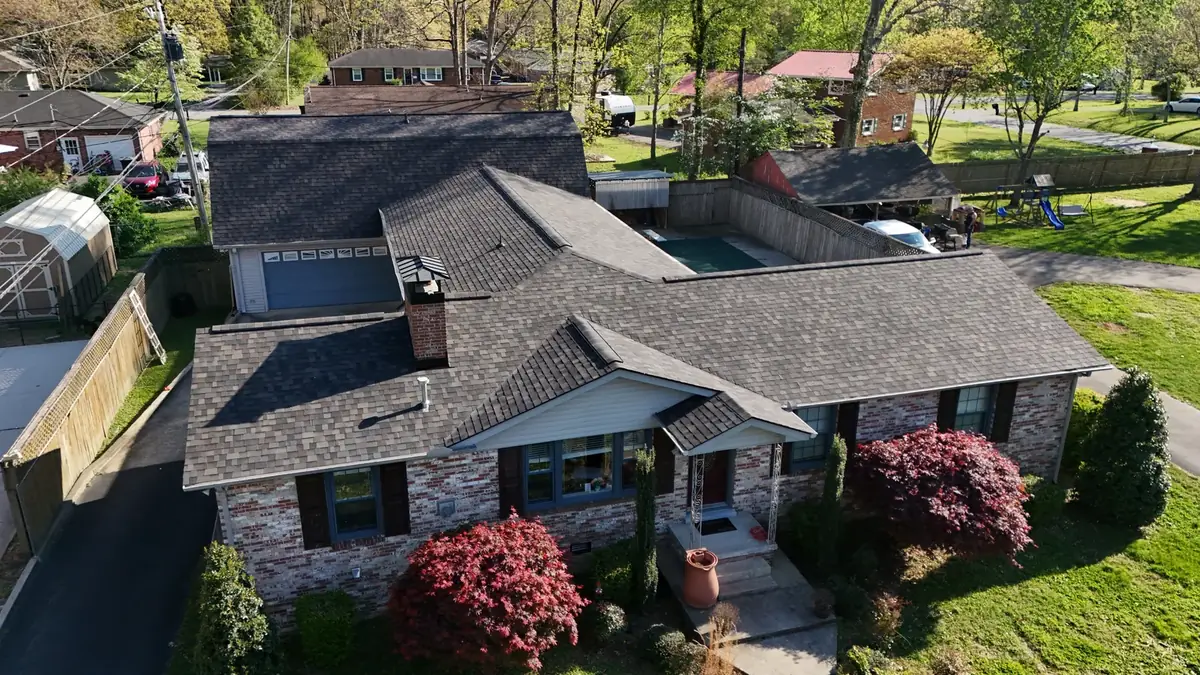 Aerial drone roof-inspection photo over Tullahoma, Tennessee by Blue Raider Roofing & Contracting