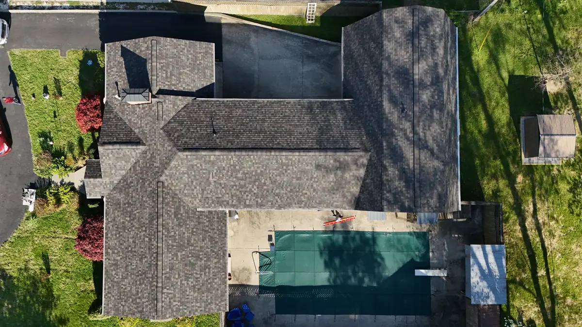 Aerial drone roof-inspection photo over Tullahoma, Tennessee by Blue Raider Roofing & Contracting