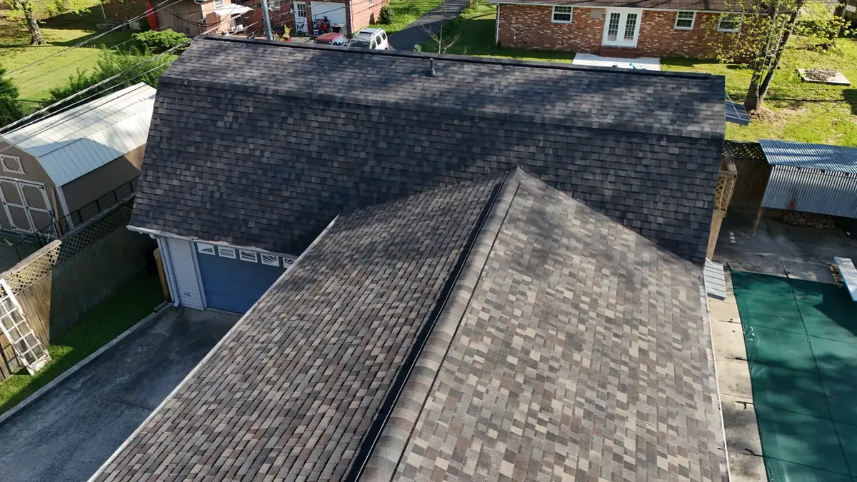 Aerial drone roof-inspection photo over Tullahoma, Tennessee by Blue Raider Roofing & Contracting