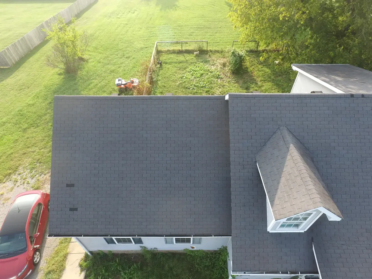 Aerial drone roof-inspection photo over Vannatta, Tennessee by Blue Raider Roofing & Contracting