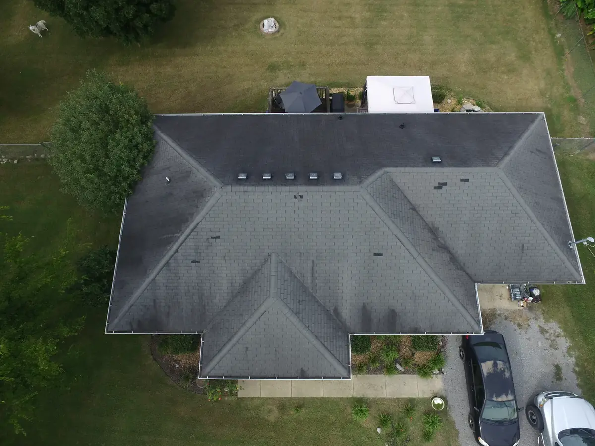 Aerial drone roof-inspection photo over Walterhill, Tennessee by Blue Raider Roofing & Contracting
