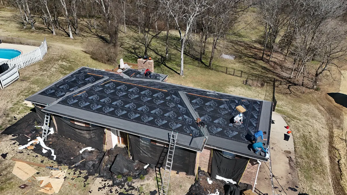 Aerial drone photo of a roofing project in the Goodlettsville, Tennessee area by Blue Raider Roofing & Contracting