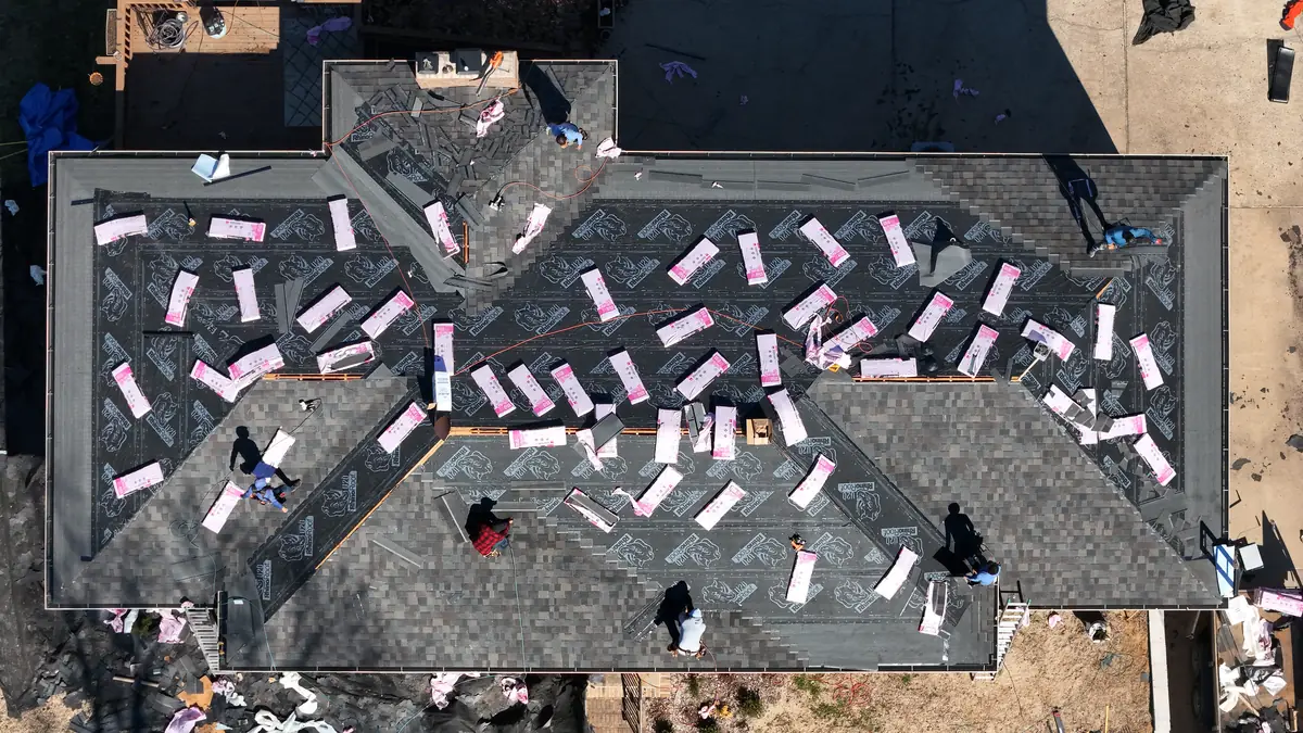 Aerial drone photo of a roofing project in the Goodlettsville, Tennessee area by Blue Raider Roofing & Contracting