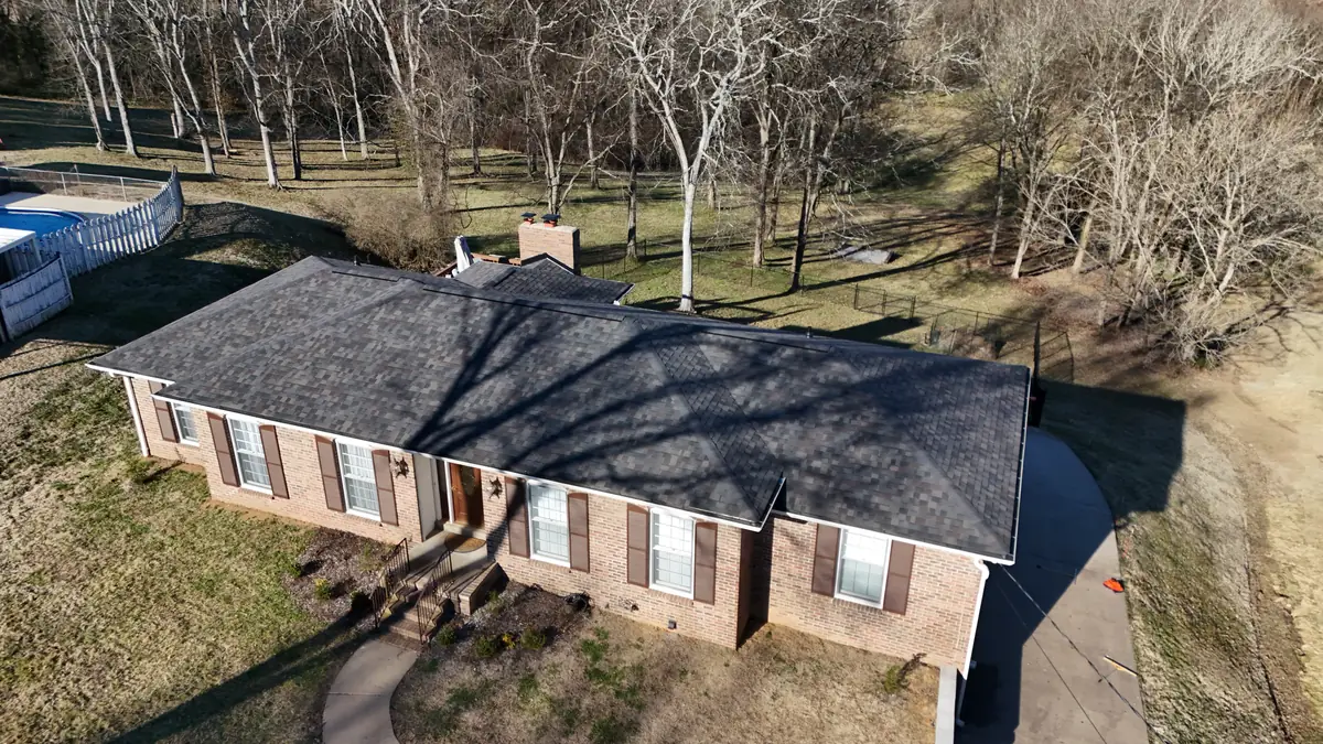 Aerial drone photo of a roofing project in the Goodlettsville, Tennessee area by Blue Raider Roofing & Contracting