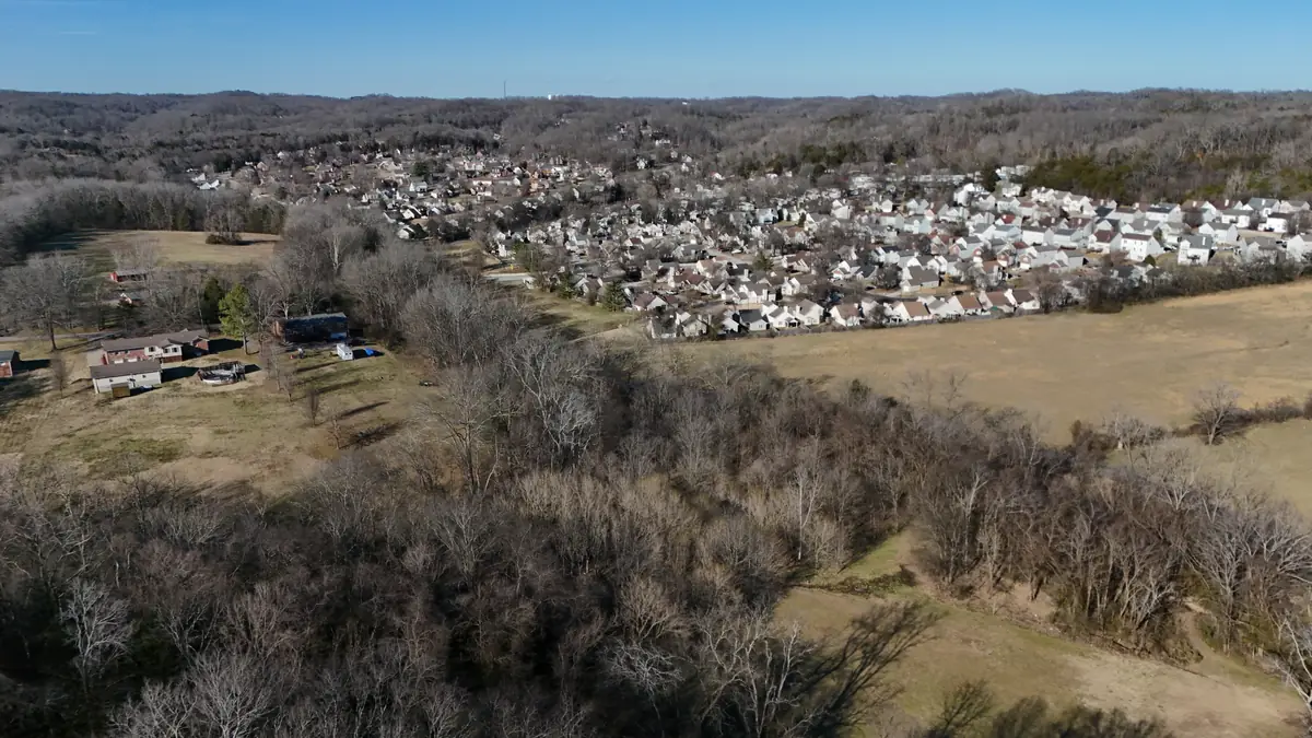 Aerial drone photo of a roofing project in the Goodlettsville, Tennessee area by Blue Raider Roofing & Contracting