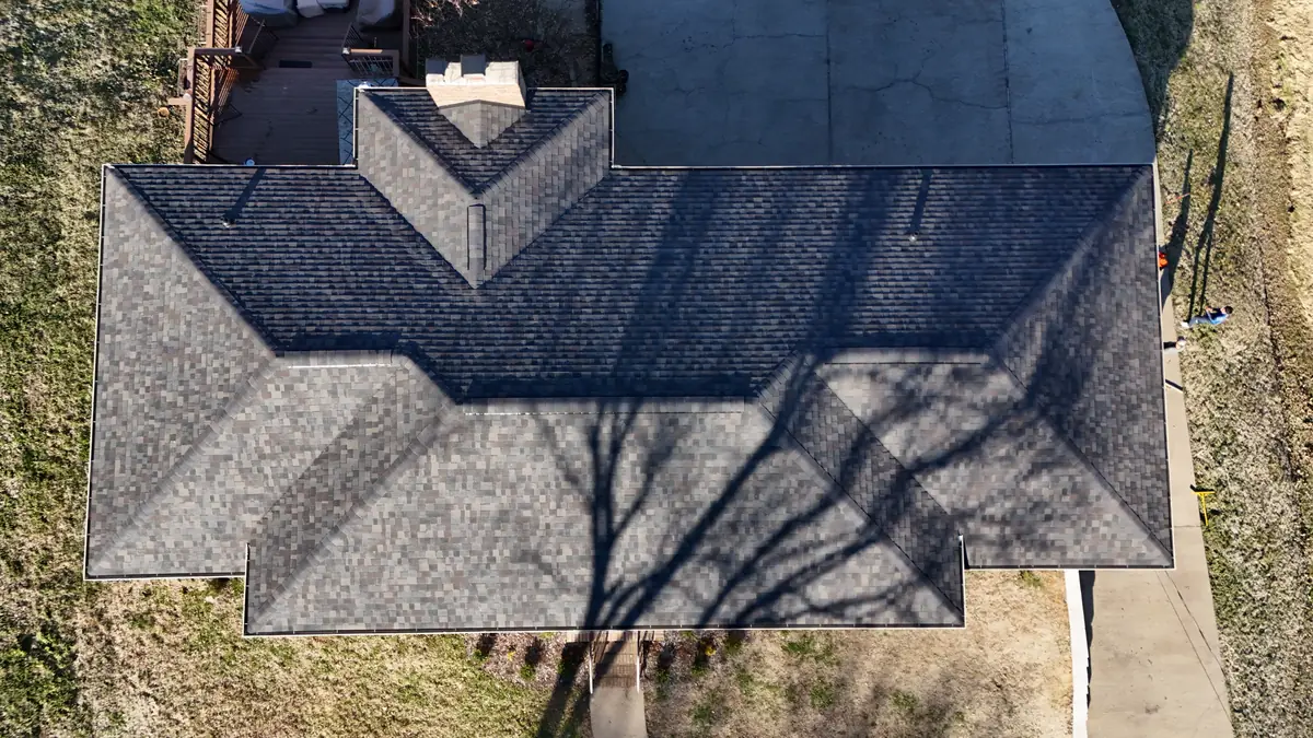 Aerial drone photo of a roofing project in the Goodlettsville, Tennessee area by Blue Raider Roofing & Contracting