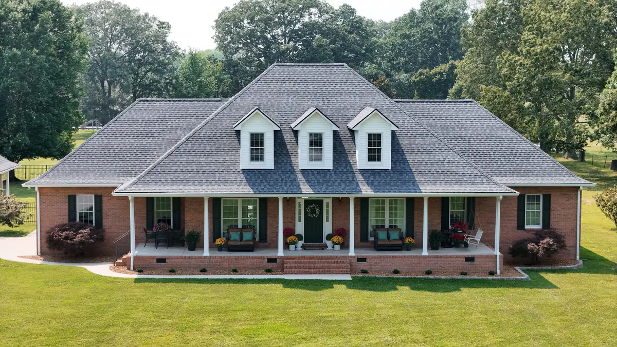Aerial drone photo of a roofing project in Manchester, Tennessee by Blue Raider Roofing & Contracting