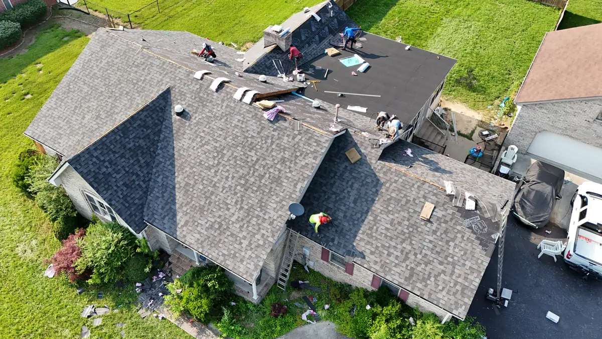 Aerial drone photo of a roofing project in Manchester, Tennessee by Blue Raider Roofing & Contracting