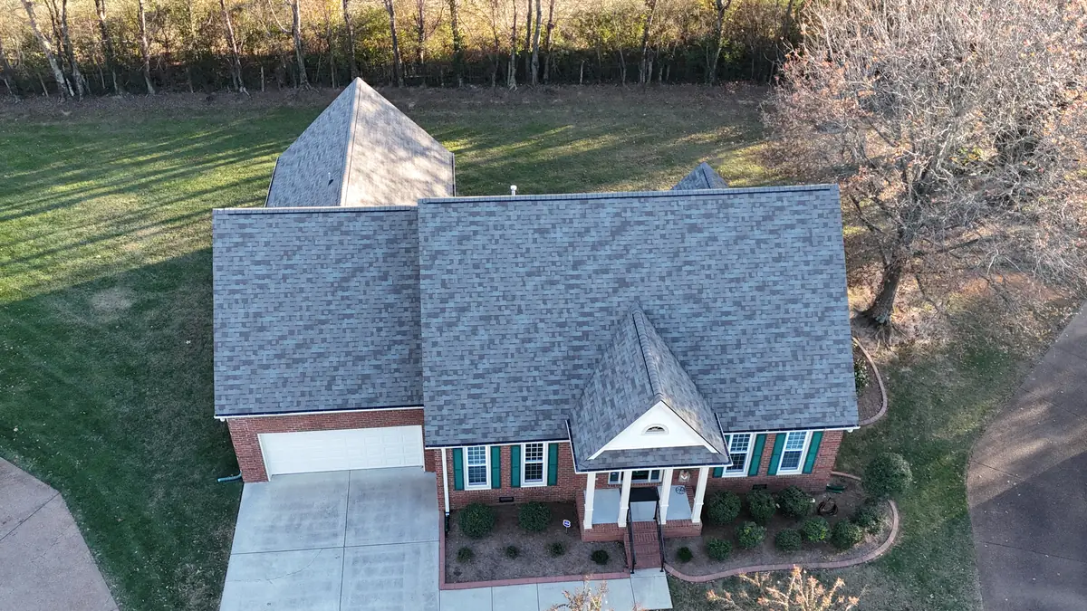 Aerial drone photo of a roofing project in Murfreesboro, Tennessee by Blue Raider Roofing & Contracting