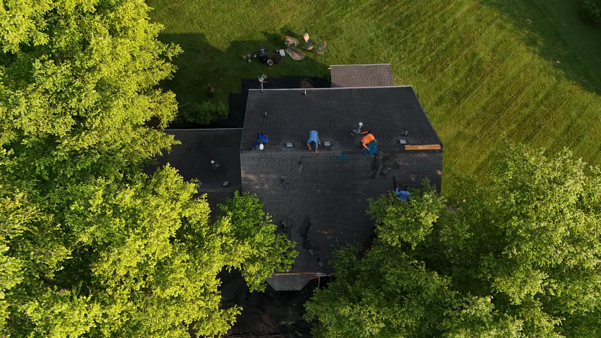 Aerial drone photo of a roofing project in Murfreesboro, Tennessee by Blue Raider Roofing & Contracting