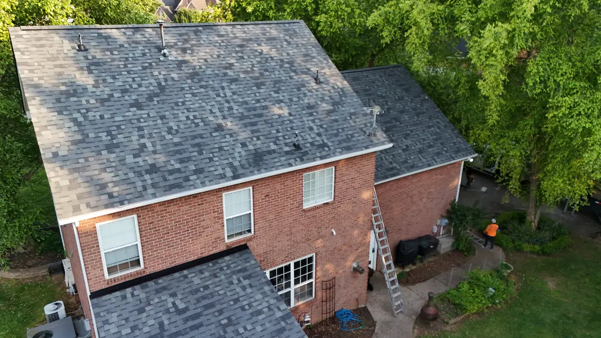 Aerial drone photo of a roofing project in Murfreesboro, Tennessee by Blue Raider Roofing & Contracting
