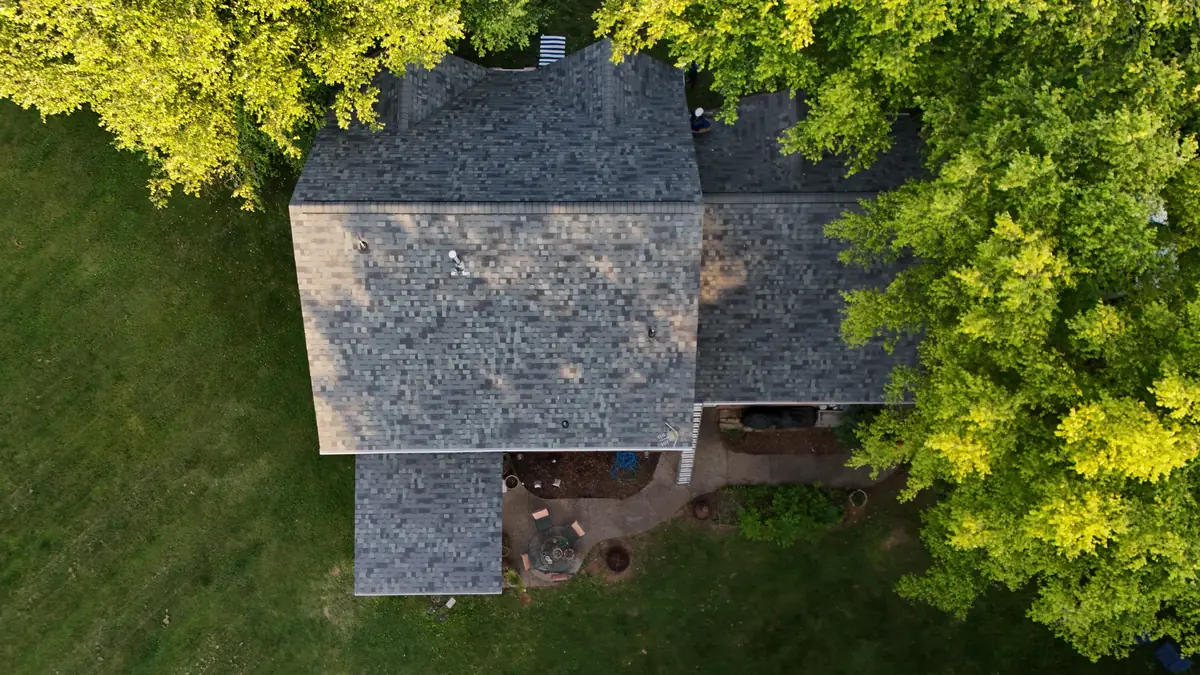Aerial drone photo of a roofing project in Murfreesboro, Tennessee by Blue Raider Roofing & Contracting