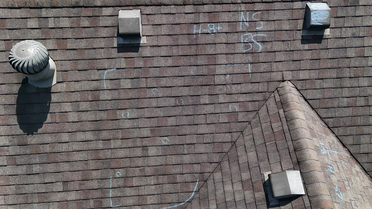 Aerial drone photo of a roof in Murfreesboro, Tennessee by Blue Raider Roofing & Contracting