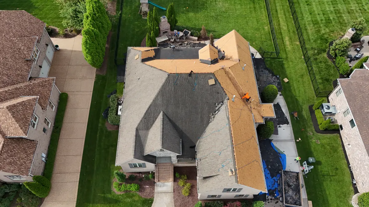Aerial drone photo of a roof in Nolensville, Tennessee by Blue Raider Roofing & Contracting