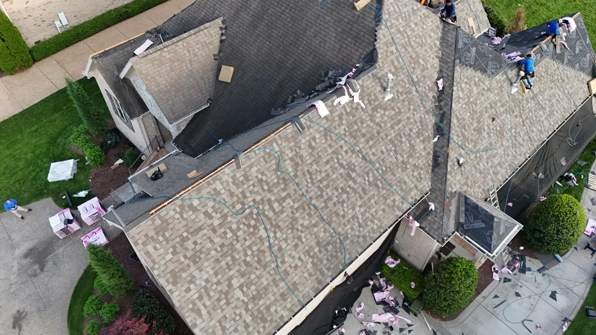 Aerial drone photo of a roof in Nolensville, Tennessee by Blue Raider Roofing & Contracting