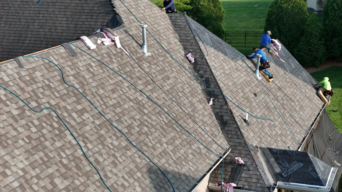 Aerial drone photo of a roof in Nolensville, Tennessee by Blue Raider Roofing & Contracting