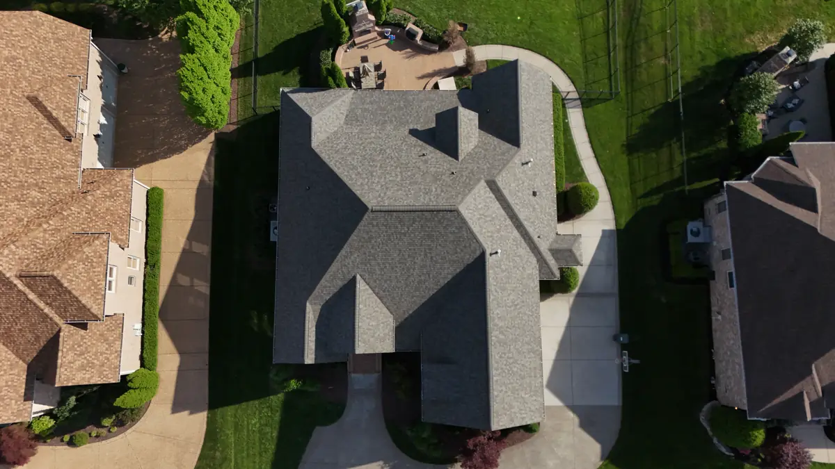 Aerial drone photo of a roof in Nolensville, Tennessee by Blue Raider Roofing & Contracting