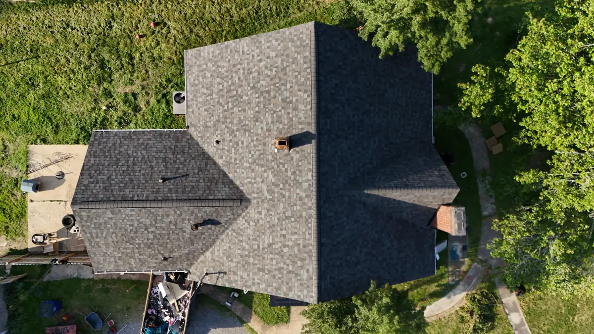 Aerial drone photo of a roofing project in Shelbyville, Tennessee by Blue Raider Roofing & Contracting