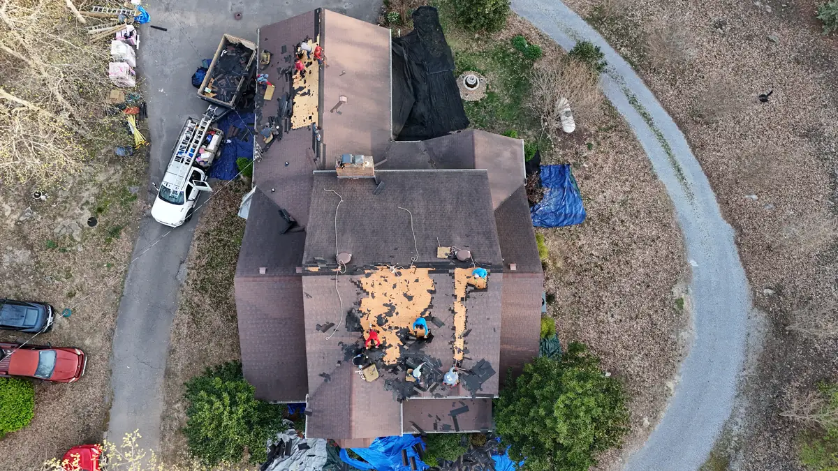 Aerial drone photo of a roofing project in Shelbyville, Tennessee by Blue Raider Roofing & Contracting