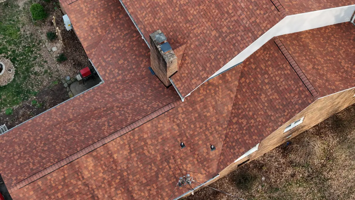 Aerial drone photo of a roofing project in Shelbyville, Tennessee by Blue Raider Roofing & Contracting