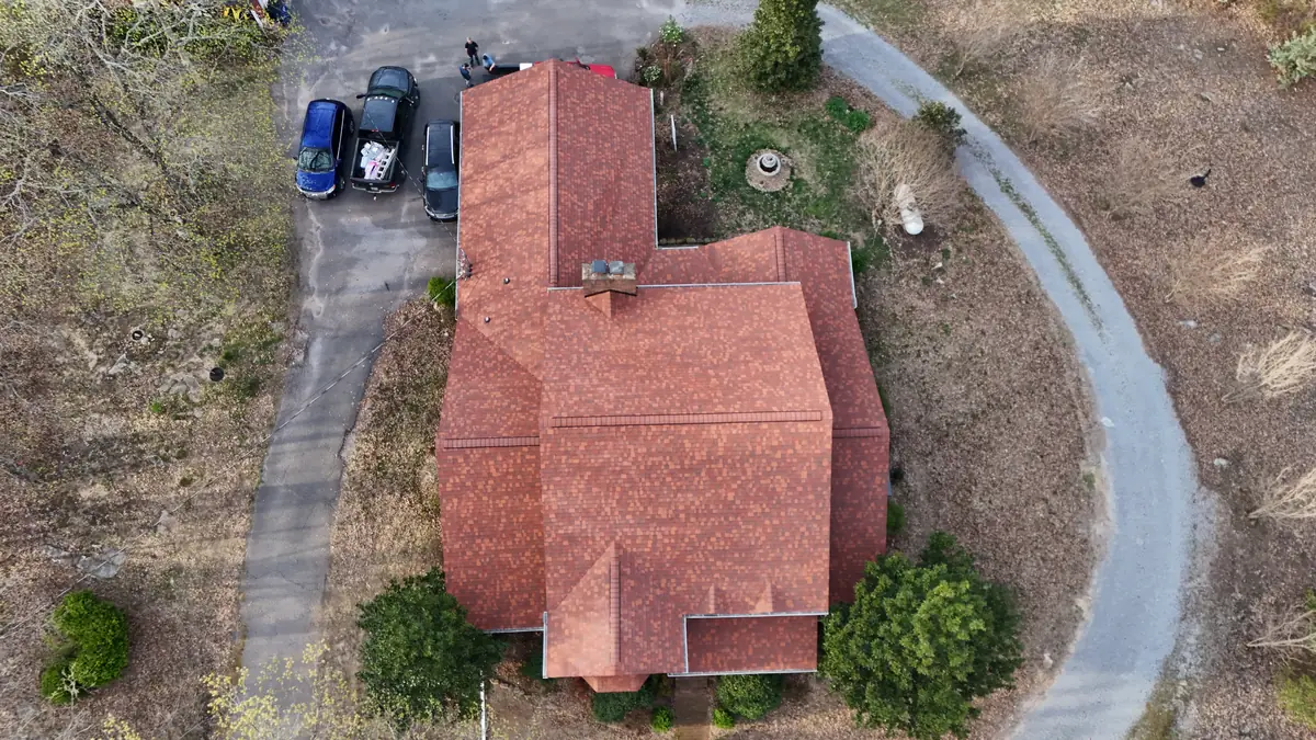 Aerial drone photo of a roofing project in Shelbyville, Tennessee by Blue Raider Roofing & Contracting
