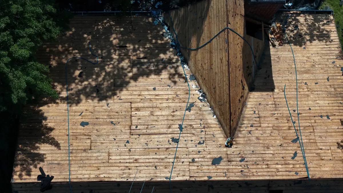 Aerial drone photo of a roofing project in Shelbyville, Tennessee by Blue Raider Roofing & Contracting