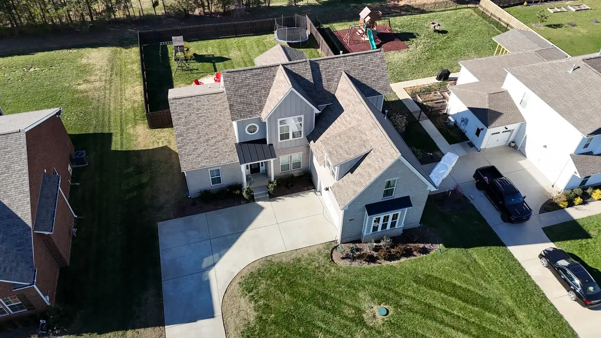 Aerial drone photo of a roofing project in Smyrna, Tennessee by Blue Raider Roofing & Contracting