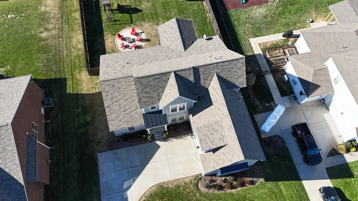 Aerial drone photo of a roofing project in Smyrna, Tennessee by Blue Raider Roofing & Contracting